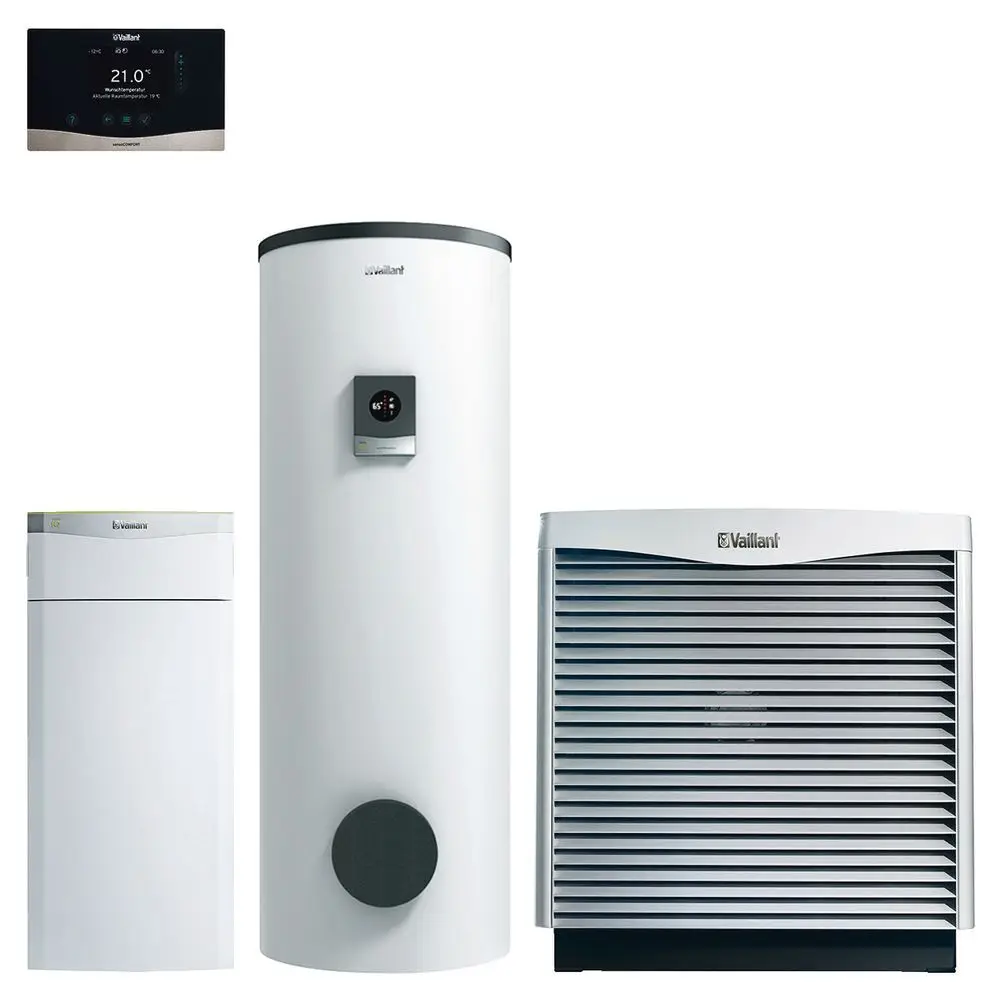 Vaillant Heizsystem bestehend aus einem weißen Wärmepumpenspeicher, einem Außengerät und einer Steuerungseinheit, arrangiert in einem klaren Layout.